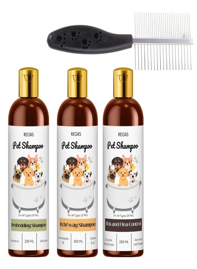 REGIIS Pet Shampoo Set with Deshedding, Itch Away, Tick and Flea Control Formula, 200ml Each, 3 Pack with Grooming Comb(Pack of 4) - Image 1